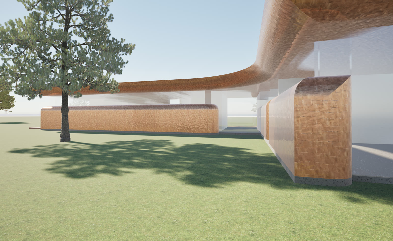 An architectural render — a low, curved corten-and-timber house under a sweeping eave, a tall pine beside it on open grass. The home Lee is designing for a friend.