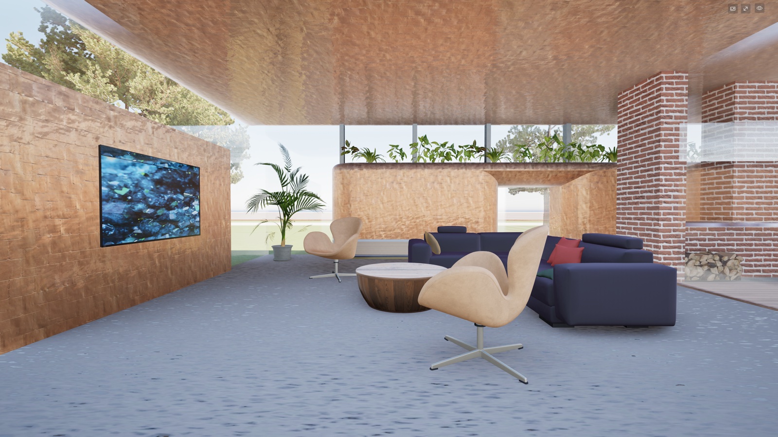 Interior of a brick-and-timber villa at dusk — navy modular sofa, two tan Swan chairs, a round wood table, a wall-mounted screen, glass walls opening onto pines.